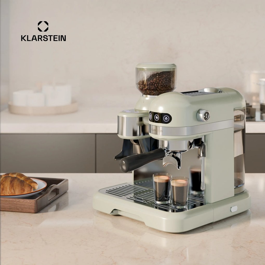 Klarstein Bella Café karos kávéfőző, Vintage, daráló, 20 bar, Tejhabosító, 2 csésze, 1550 W