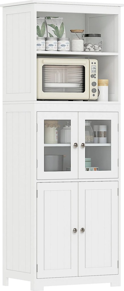 HOMCOM Konyhai Kamra Büfé Oldalszekrény 4 Ajtóval, 2 Nyitott Polccal és Állítható Polccal Étkezőbe 60x30x162 cm Fehér | Aosom