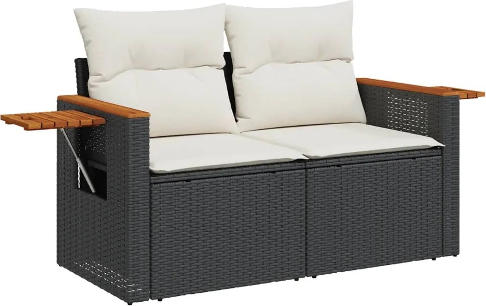 vidaXL 2 személyes fekete polyrattan kerti kanapé párnával