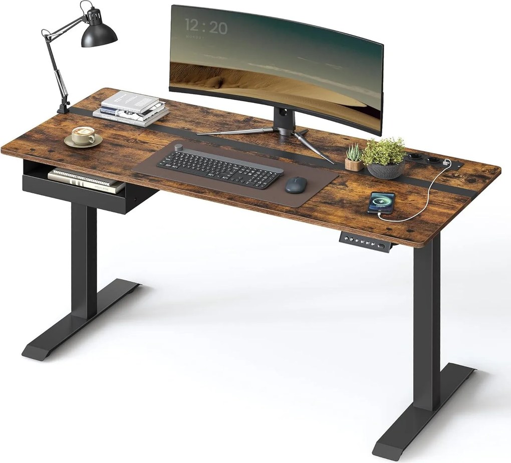 Elektromosan állítható íróasztal beépített aljzatokkal, 2 USB-porttal, fiókkal és 4 memóriahellyel, 140 x 60 x 72–120 cm, vintage barna/fekete