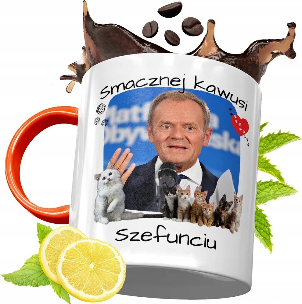 Donald Tusk Narancssárga Bögre Ajándék, fényképes nyomattal