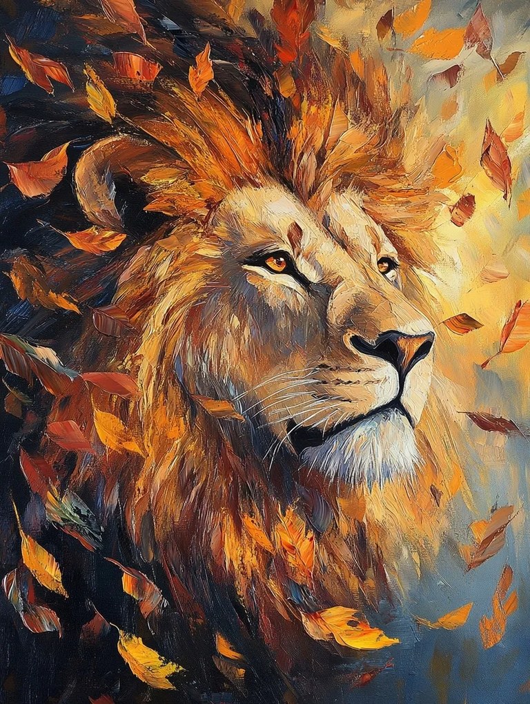 Vászonkép Canvas Portré Oroszlán Ősz Levelek Állat Afrika 75x100