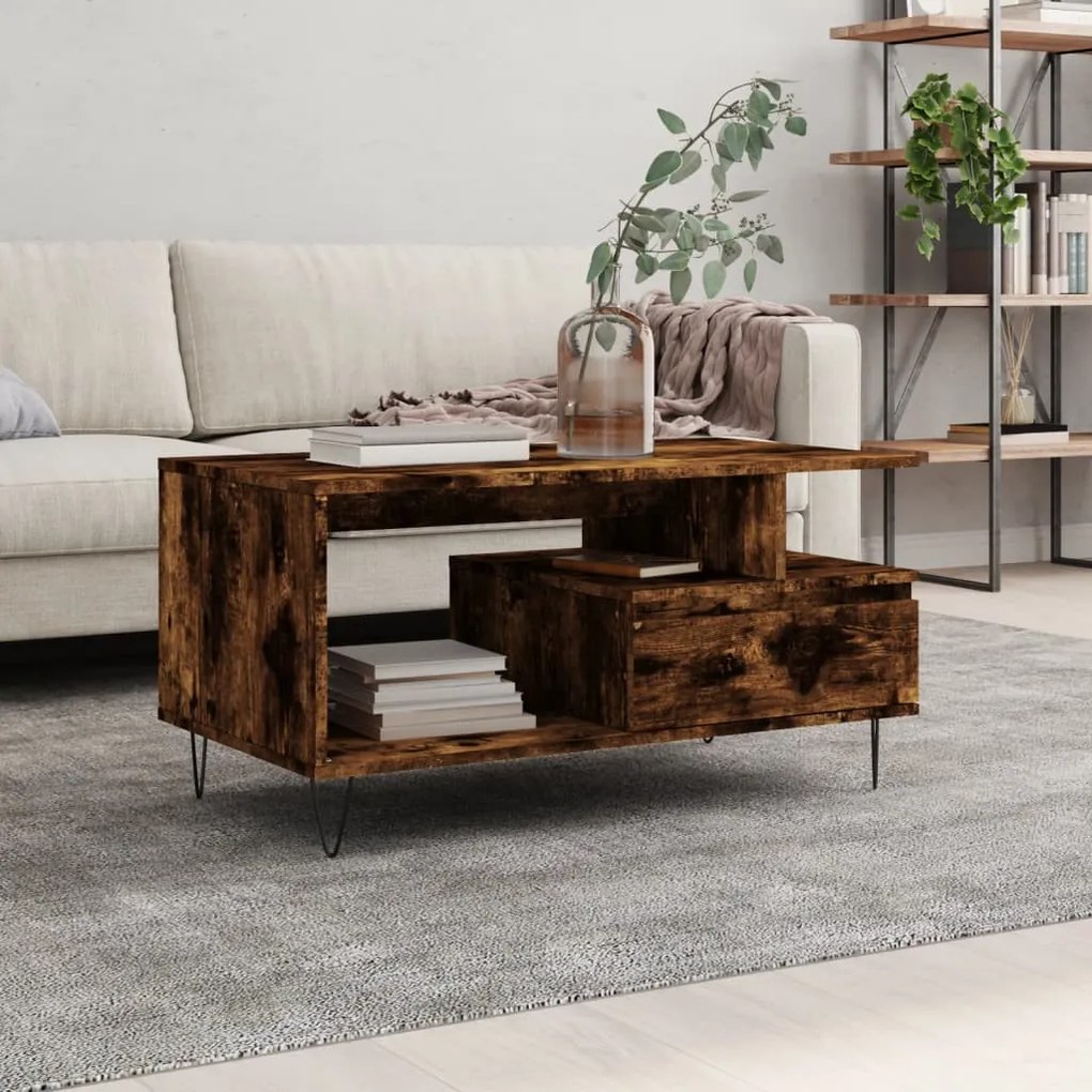 Füstös tölgy színű szerelt fa dohányzóasztal 90x49x45 cm