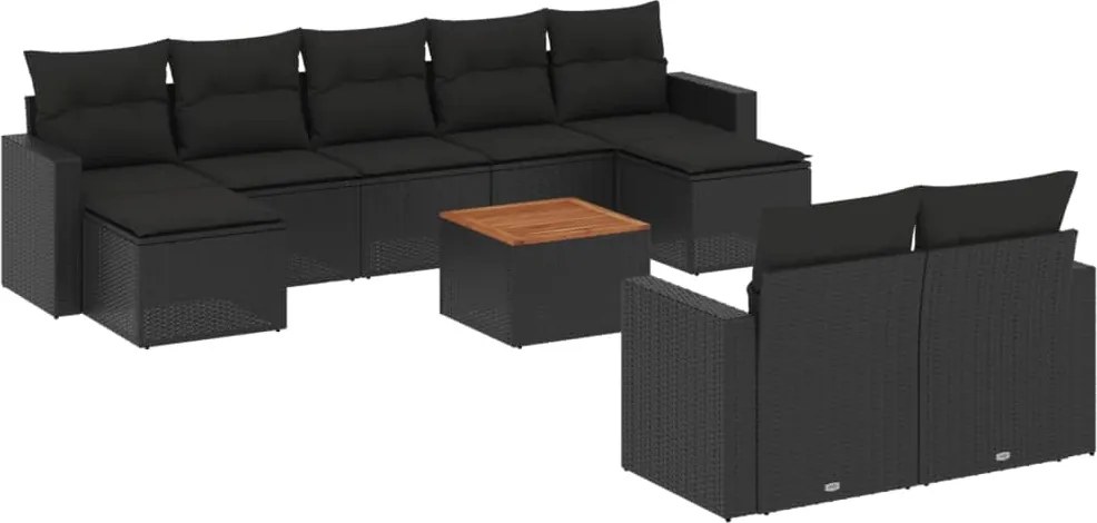 vidaXL 10 részes fekete polyrattan kerti ülőgarnitúra párnákkal