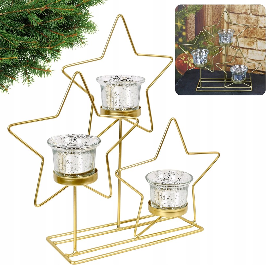 Arany színű fém gyertyatartó teamécseshez, csillagok 29cm