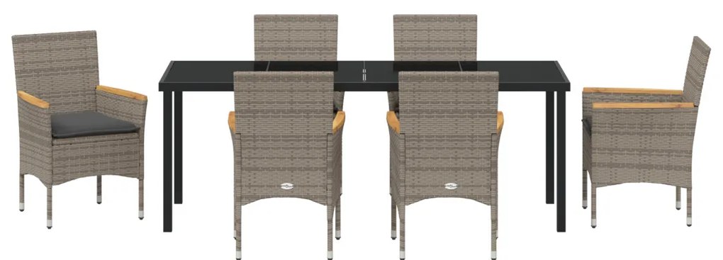 7 részes Kerti Étkezőszett Párnákkal Szürke Poly Rattan