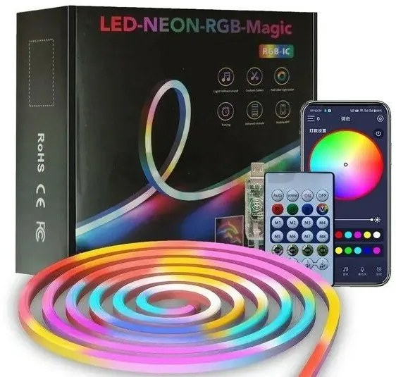Neon LED szalagfény 5M - Applikációval és távirányítóval - IC-RGB - 7*14MM