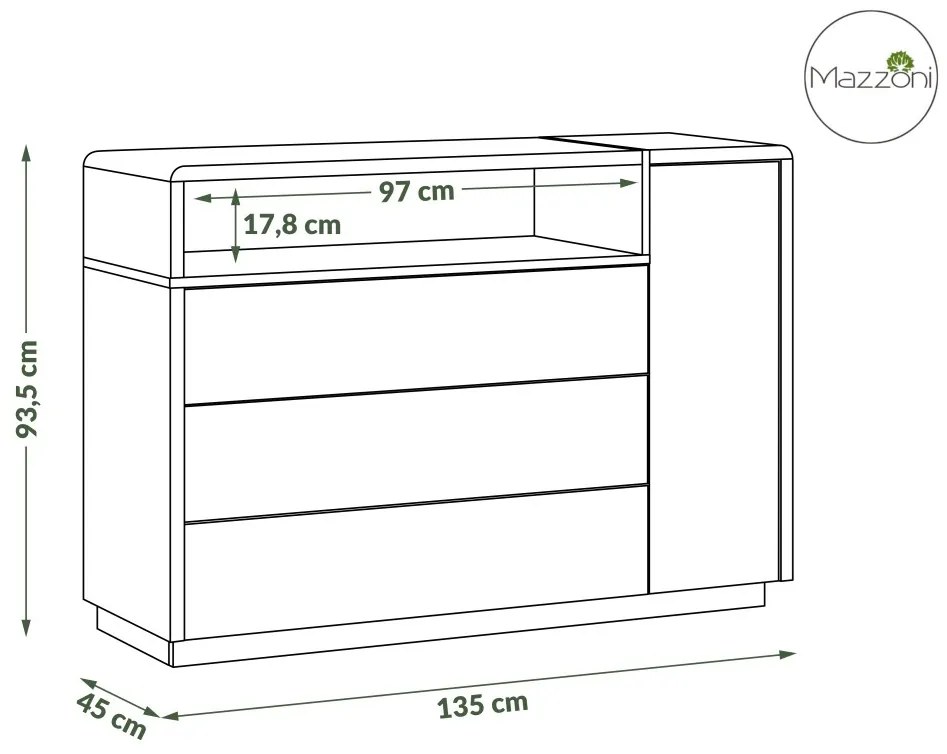 Mazzoni FOLK K-135 komód Antracitszürke (Sötétszürke)/Artisan Tölgy - MODERN NAPPALIBA/SZOBÁBA