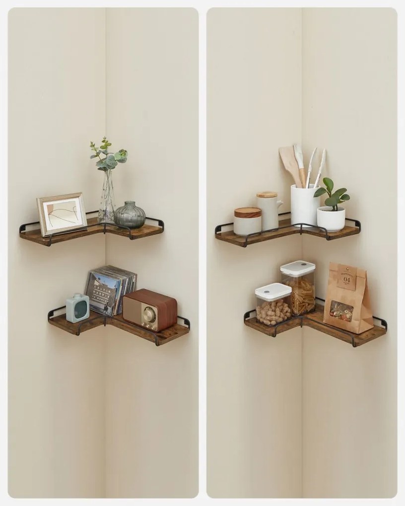 2 darabos sarok fali polc, rusztikus barna 40x29x4cm