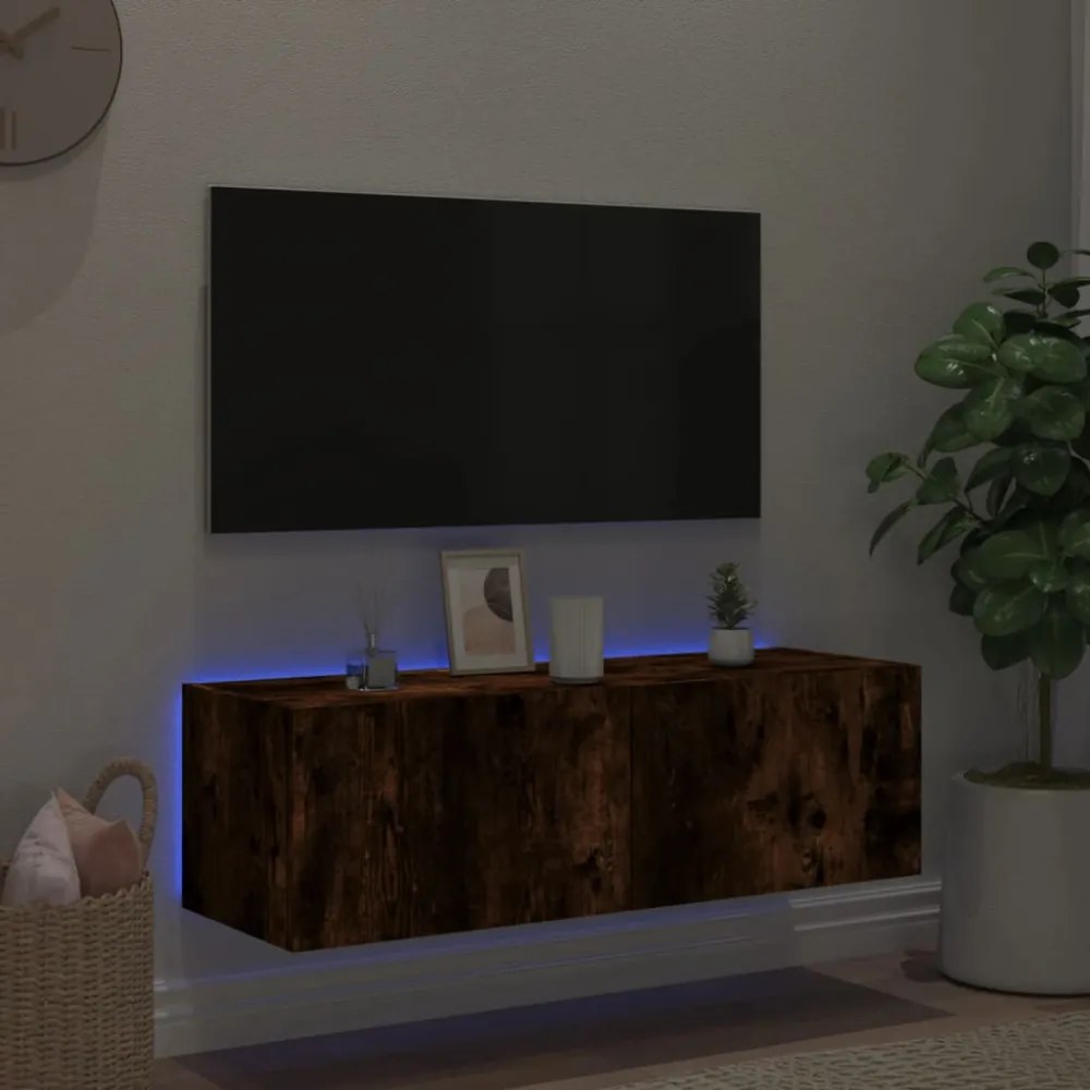 füstös tölgy színű fali TV-szekrény LED-ekkel 100 x 35 x 41 cm