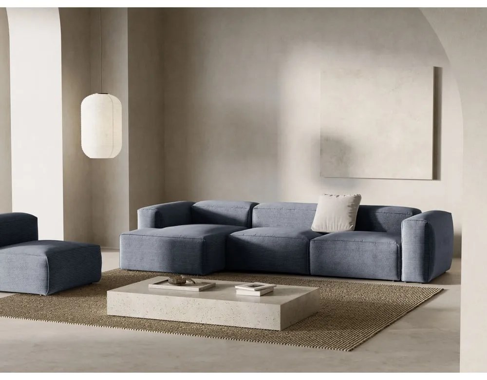 Szürkéskék kordbársony sarokkanapé (bal oldali-heverő résszel) Bergamo – Cosmopolitan Design