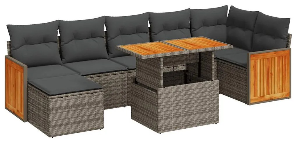 8 részes szürke polyrattan akácfa kerti ülőgarnitúra párnákkal