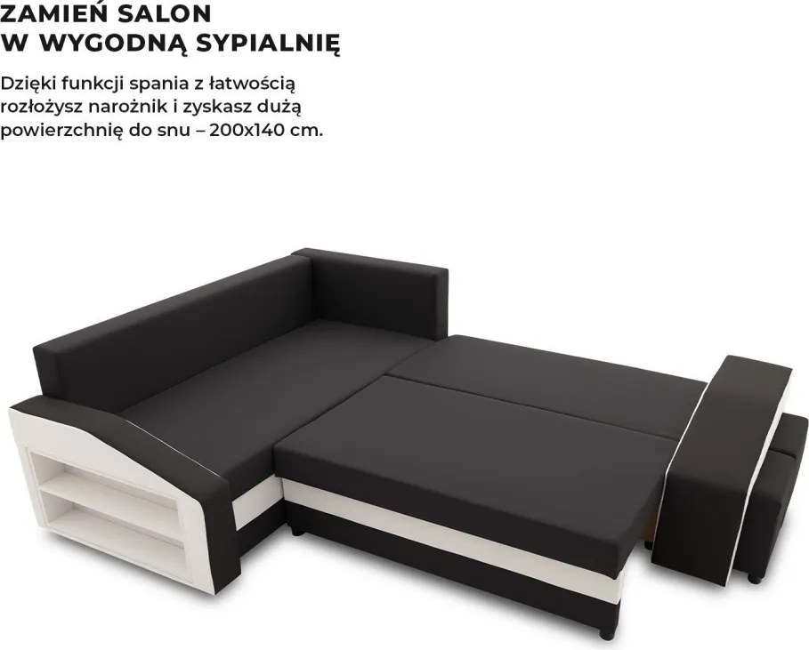 Grande sarokkanapé polcokkal és puffokkal , polc a bal karfaban puffok a jobb karfaban, baloldali, szövet anyag, bonell töltet, fekete - fehér