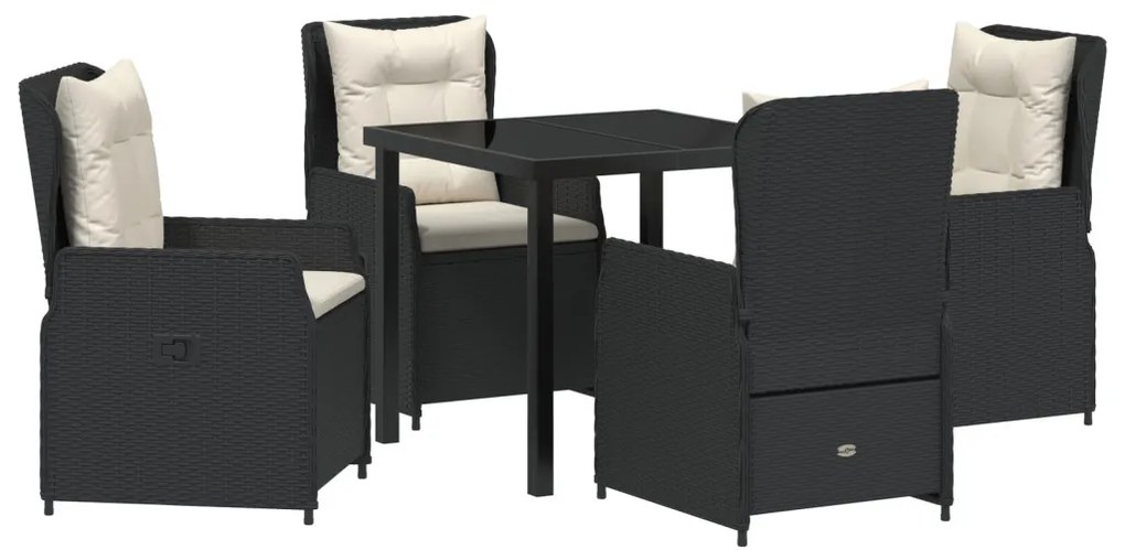 5 darabos kert étkező szett fekete polirattan, asztal fekete 80x80x73 cm edzett üvegből