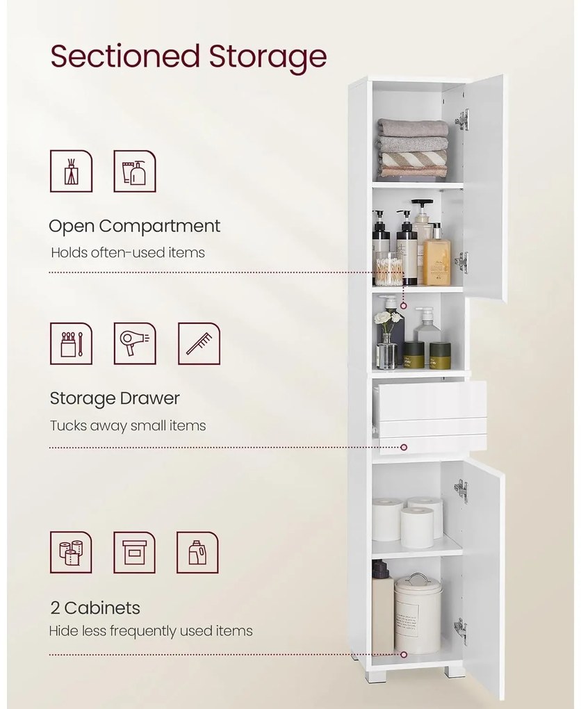 Keskeny fürdőszoba szekrény, fiókkal, állítható polcokkal, fehér, 30x30x170 cm