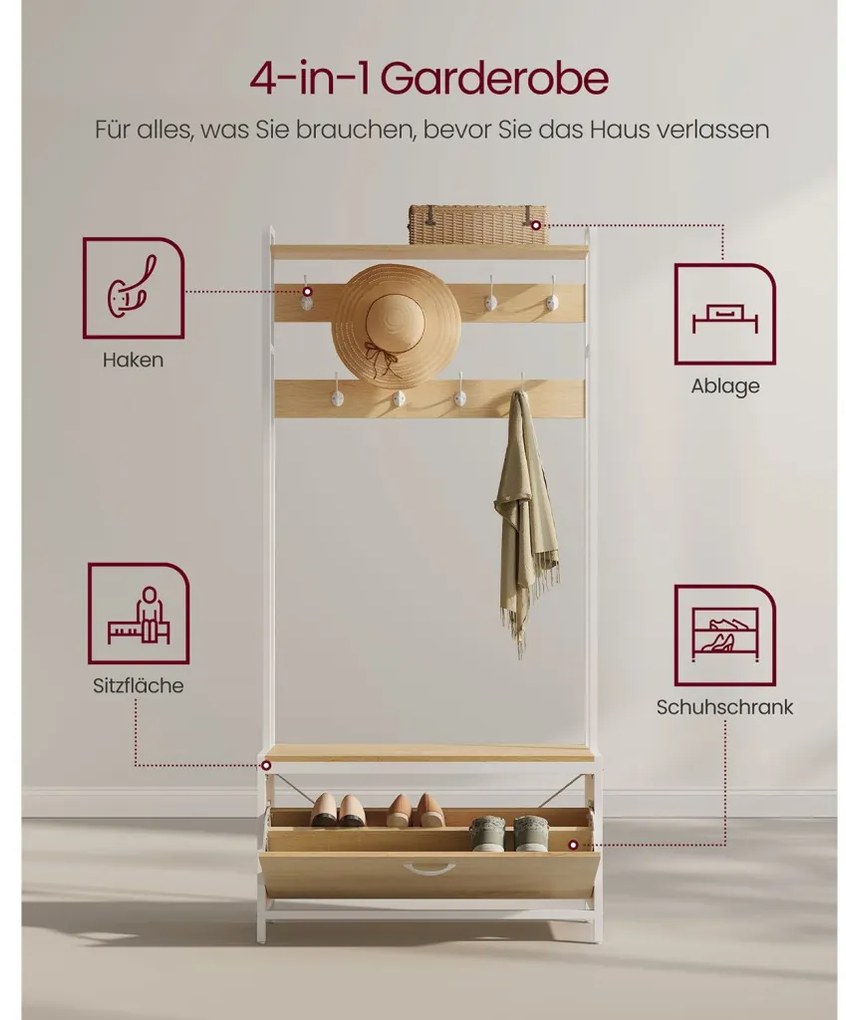 Előszoba fogas paddal, akasztókkal, cipőszekrény, tölgy és fehér 85x30x180cm