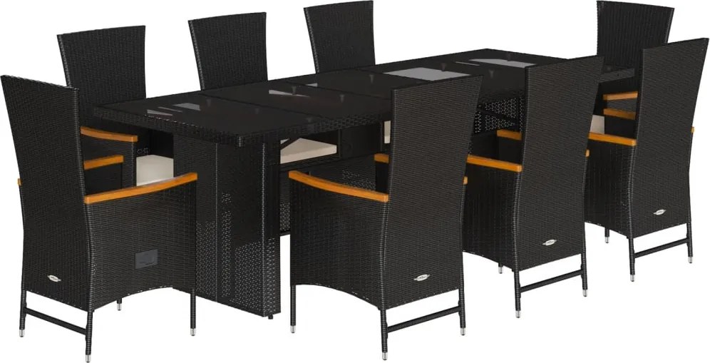 vidaXL 9 részes fekete polyrattan kerti étkezőgarnitúra párnákkal
