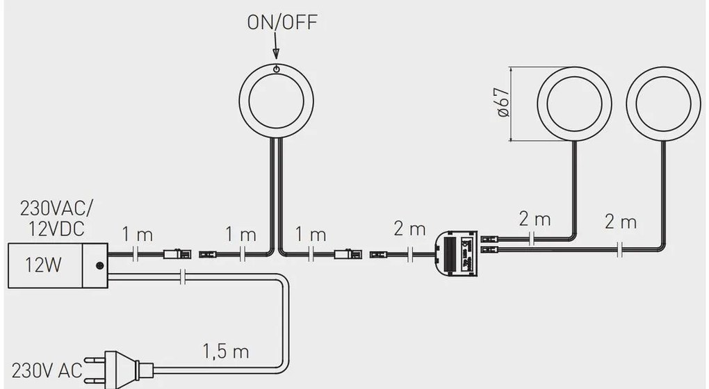 LED Lámpatest, CASTELLO 3-as szett, meleg fehér, 67mm, 12V, 180lm, 8,4W, kábellel, csatlakozóval, érintő kapcsolóval, tápegységgel