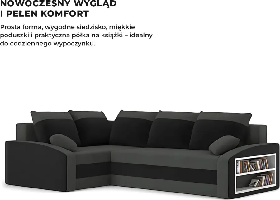 Grande sarokkanapé polcokkal , polc a jobb karfaban, baloldali, szövet anyag, bonell töltet, szürke - fekete