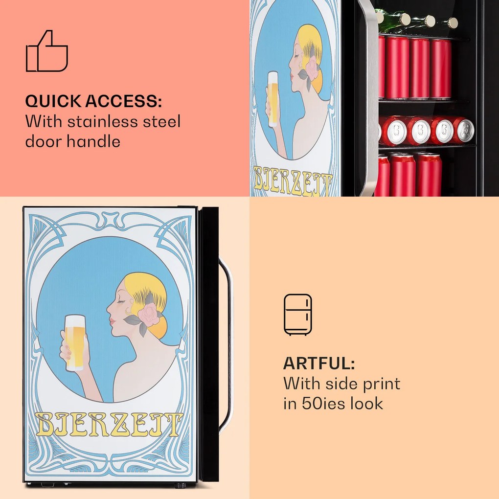 Klarstein Beersafe 70 Bierzeit Edition, hűtőszekrény, 70 liter, 3 polc, panoráma üvegajtó, rozsdamentes acél