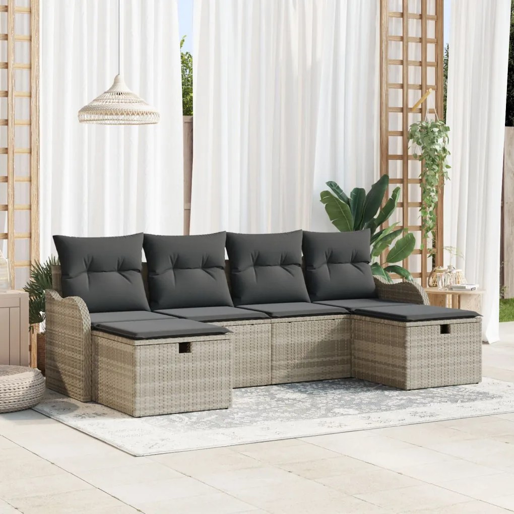 6 Darabos Kerti Sofa Készlet Párnákkal Világosszürke Poli Rattan, 2 Személyes Kerti Sofa Tárolóval &amp; Párnákkal Világosszürke Poli Rattan