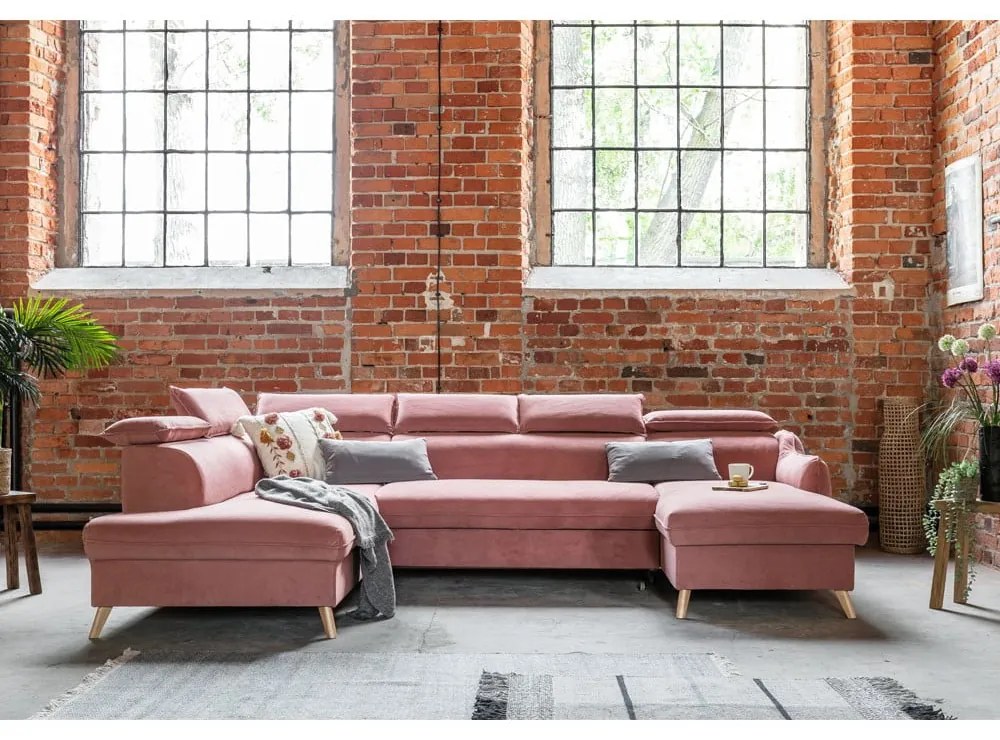 Világos rózsaszín bársony kinyitható sarokkanapé (bal oldali-"U" alakú) Sweet Harmony – Miuform