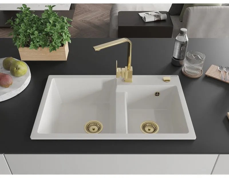 Mexen Tomas, gránit mosogató 800x500x190 mm, 2 kamrás és arany csaptelep Rita, fehér, 6516-20-670300-50