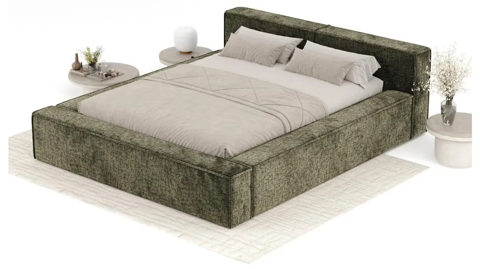 Sötétzöld kárpitozott ágyneműtartós franciaágy ágyráccsal 200x200 cm Voliera – Maison de Rêve