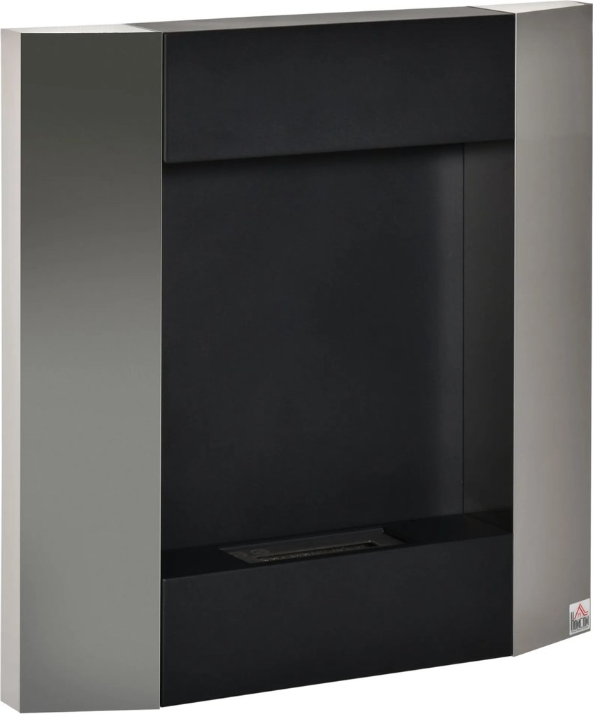 HOMCOM Fali Bioetanol Kandalló 0.7L Tartállyal és Fedéllel 20m²-ig, Acél, 72x11x72cm, Ezüst és Fekete | Aosom