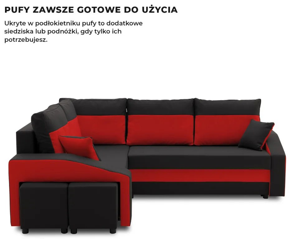 Grande sarokkanapé polcokkal és puffokkal , polc a jobb karfaban puffok a bal karfaban, baloldali, szövet anyag, bonell töltet, fekete - piros