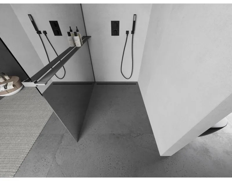 Mexen Kioto+, Walk-In zuhanyparaván polccal és akasztóval 110 x 200 cm, 8 mm-es üvegtükör mintával, grafit profillal, 800-110-121-95-50
