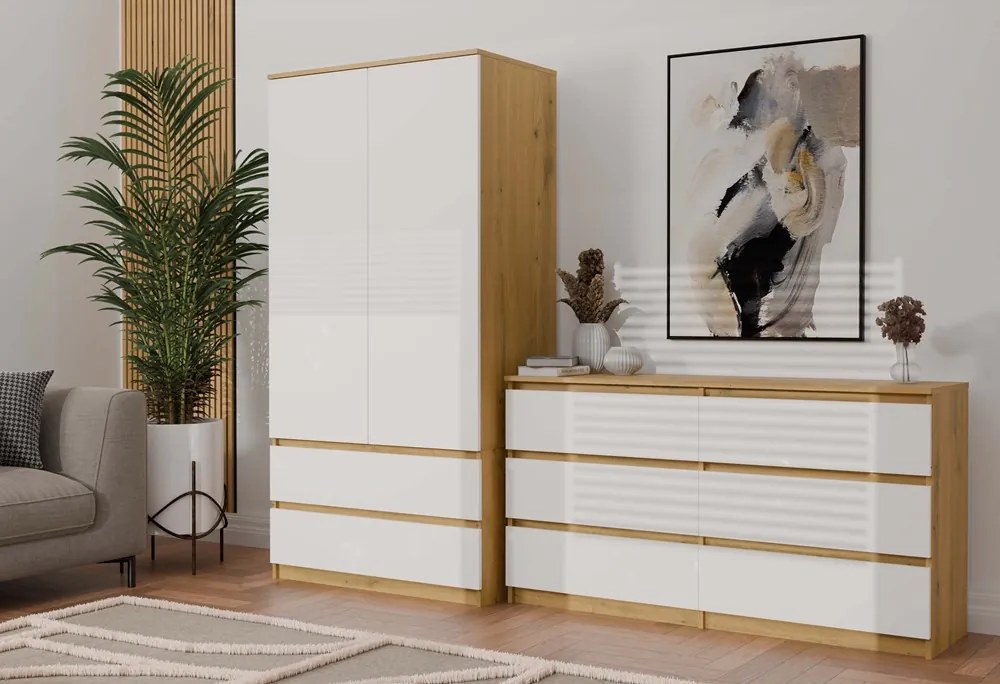M6 140 fiókos szekrény, 138x75x40 cm, tölgy-fehér