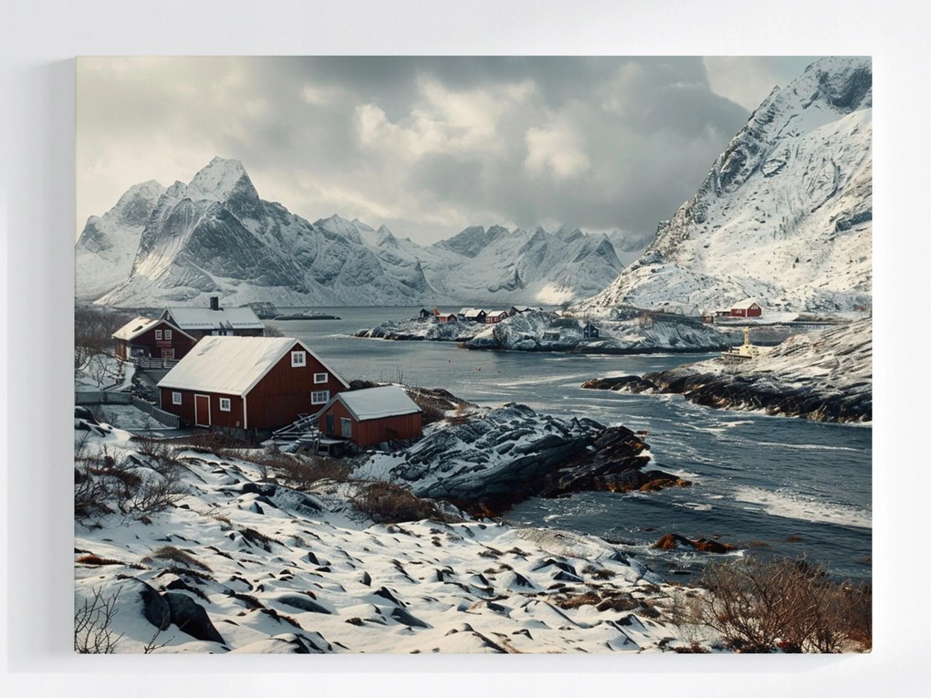 Vászonkép Canvas Norvégia Téli Fjord Hegyek Házak Skandinávia 100x75