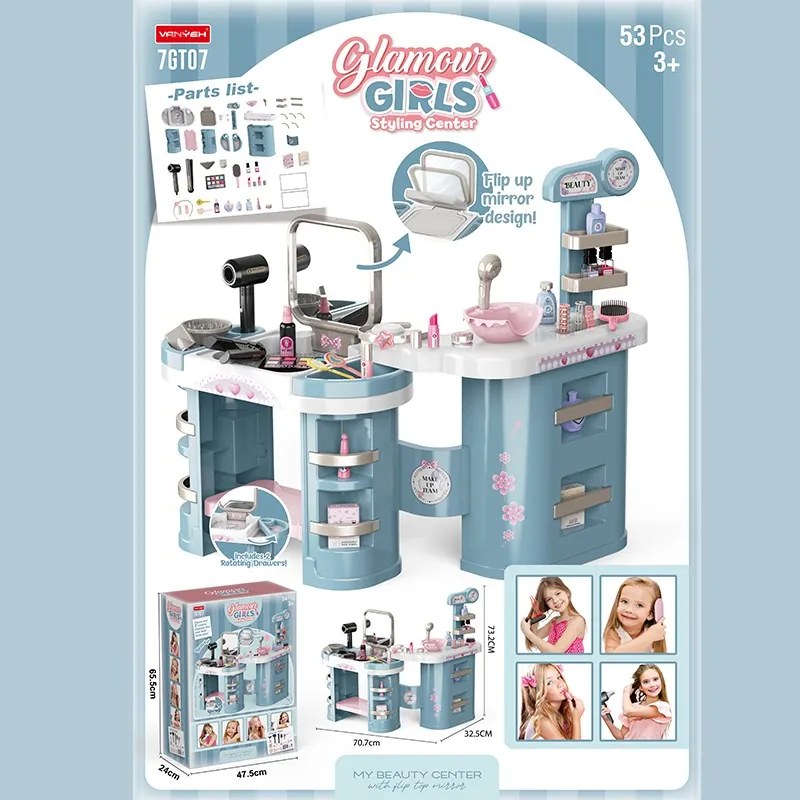 Játék fodrászállomás, elektromos hajszárítóval és hajvasalóval, tükörrel, sminkkiegészítőkkel, több tárolópolccal