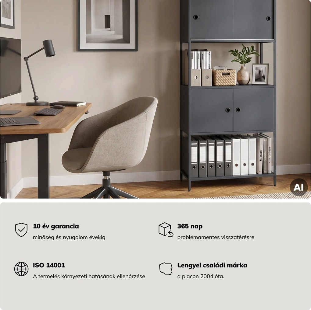 Iratrendező polc zárható szekrénnyel, irodai, nyitott polcok, fém antracit, 800x2200x400 mm: ARIEL