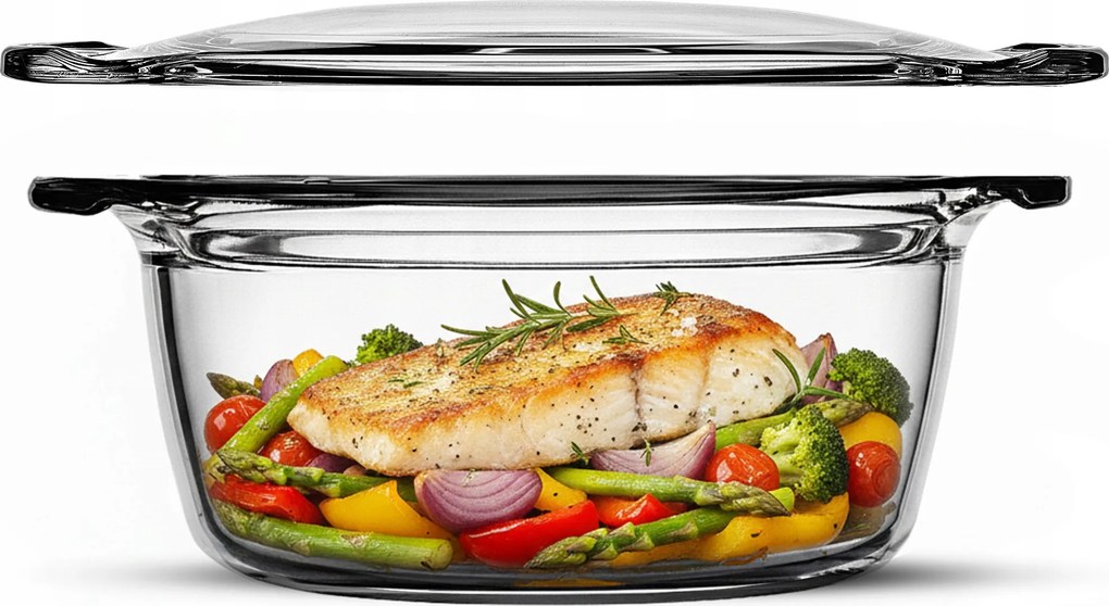 Hőálló Üveg Edény 2,15L, Kerek Sütőfedéllel
