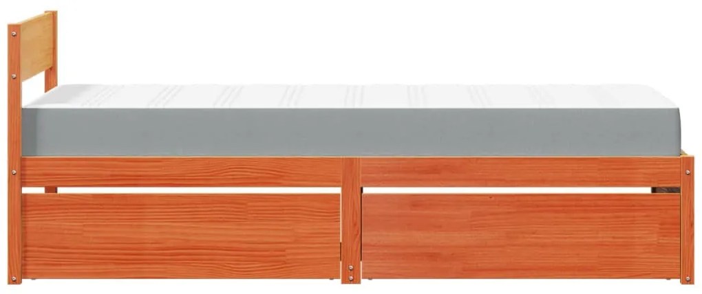 viaszbarna tömör fenyőfa ágy fiókokkal és matraccal 90 x 190 cm