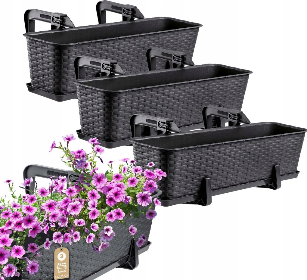 Erkélydoboz Virágtartó 60cm Antracit Fogantyúk Állvány 3db