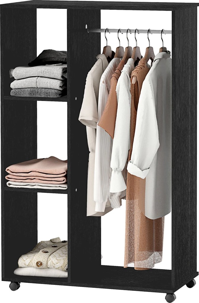 HOMCOM Görgős Ruhásszekrény, Nyitott Dizájnnal, Felső Rúd és Polcok Szervező a Hálószobában, 80x40x128 cm, Fekete | Aosom