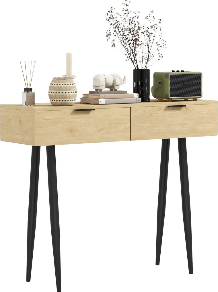 HOMCOM Konzoltábla Bélelt Bútor 2 Fiókkal és Acél Lábakkal, 100x30x80.5 cm Tölgy | Aosom