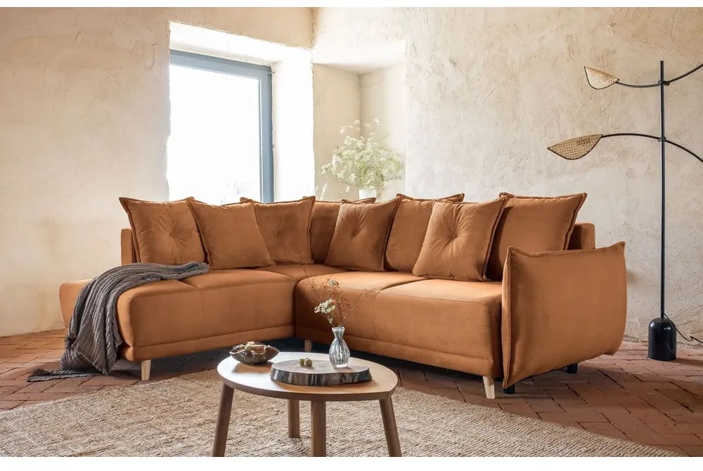 Téglavörös kordbársony kinyitható sarokkanapé (bal oldali) Lazy Lukka – Miuform