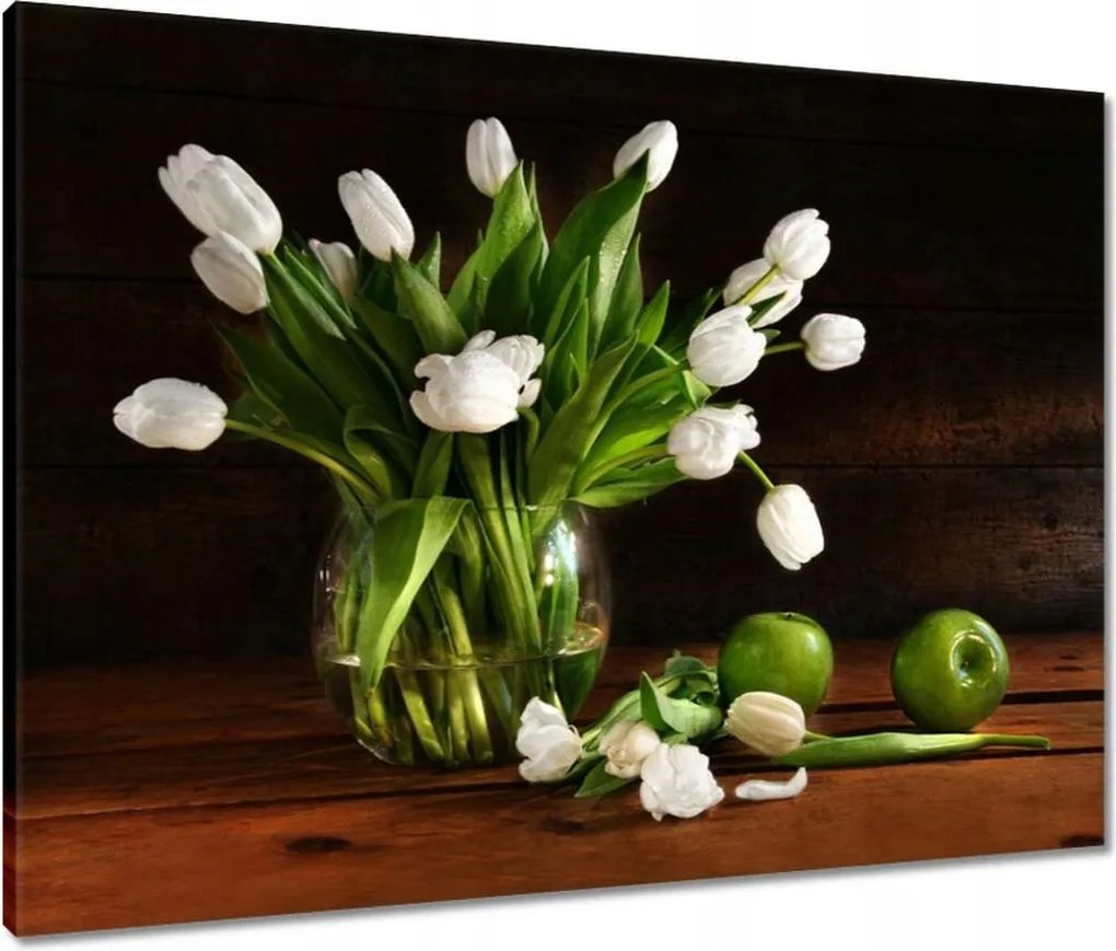 Vászonkép 80x60 Fehér tulipánok Sötét háttér