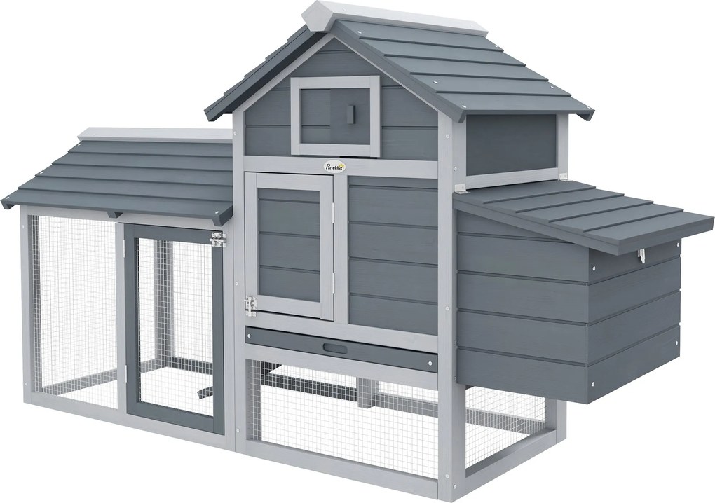 PawHut Törpe Tyúkól Törpe Tyúk Ház Fészekdobozzal Törpe Tyúk Tenyésztő Sátor Kültéri Futtató Tyúkól Lépcsővel Szürke 150,5 x 54 x 87 cm | Aosom