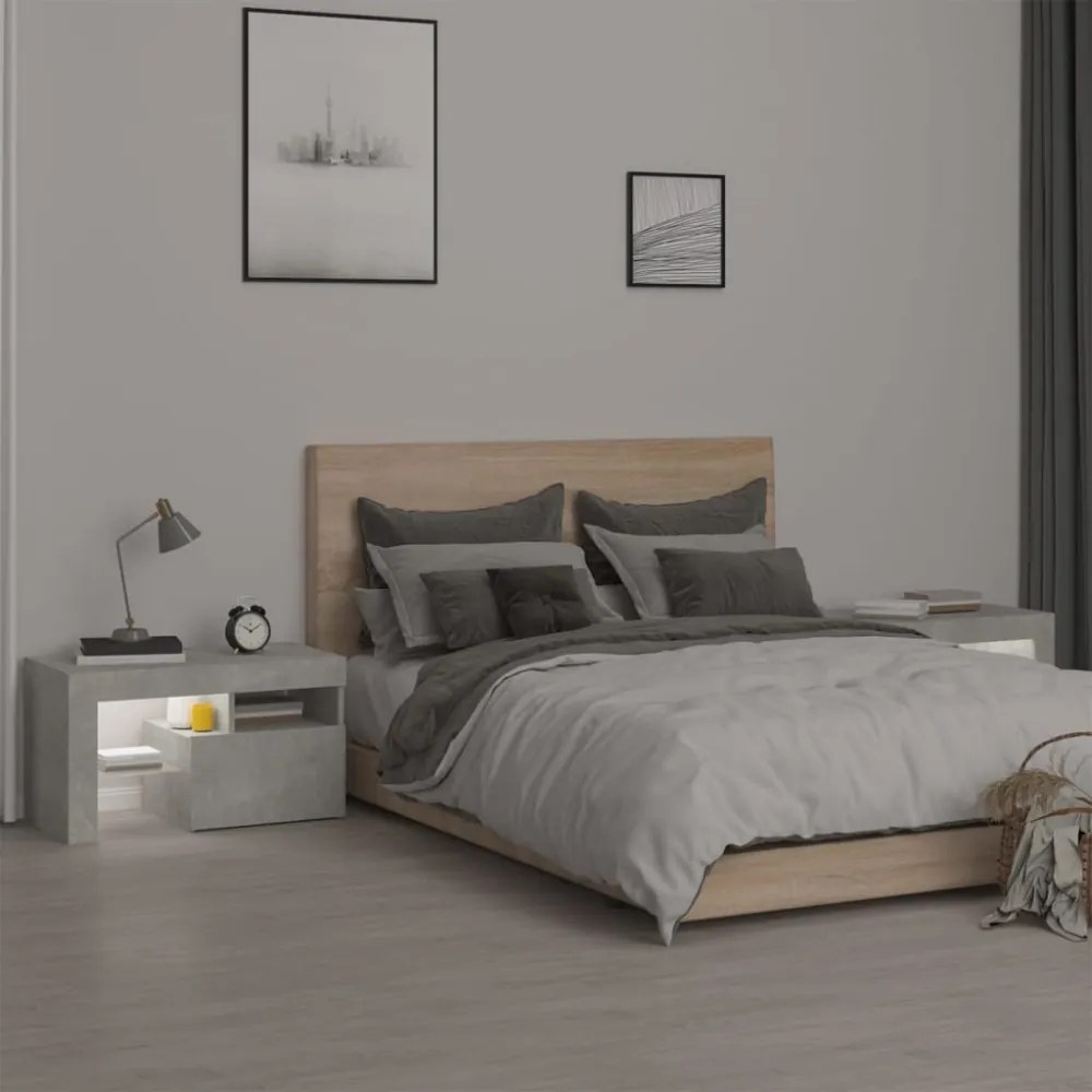 2 db betonszürke LED-lámpás éjjeliszekrény 70x36,5x40 cm