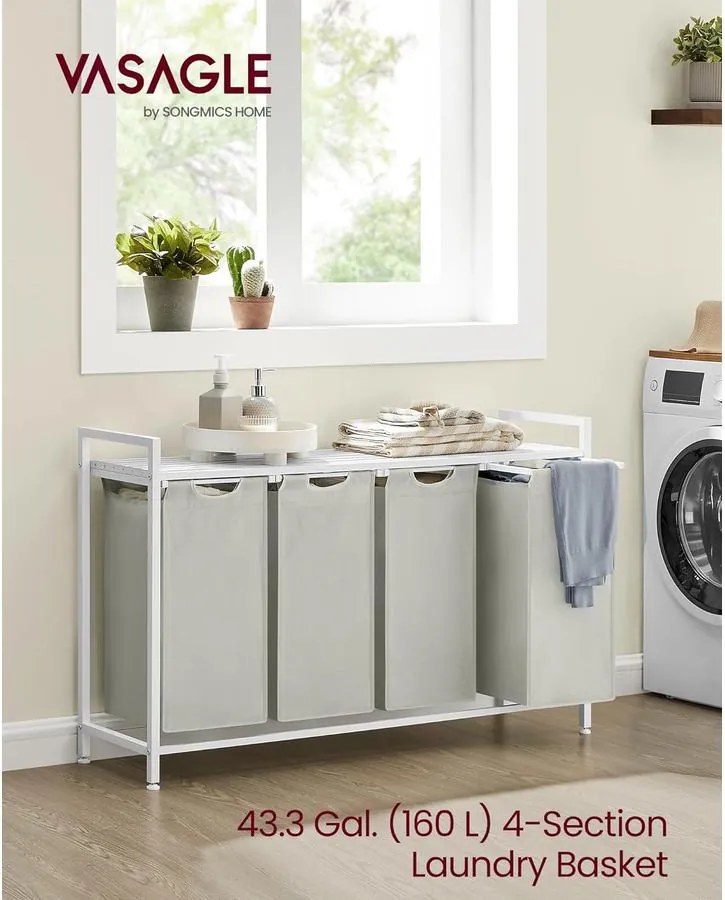 VASAGLE 4 rekeszes szennyeskosár 4 × 40 L, 116 × 33 × 72 cm, krémfehér és matt fehér