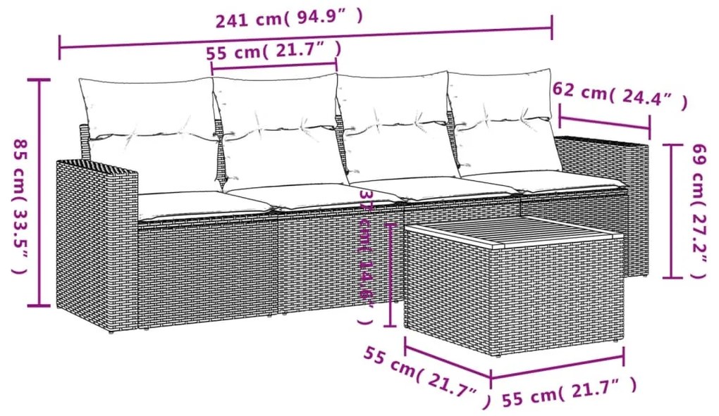 5 részes szürke polyrattan kerti ülőgarnitúra párnákkal