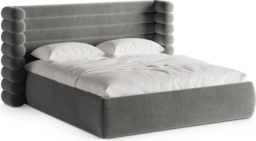 Szürke kárpitozott ágyneműtartós franciaágy ágyráccsal 200x200 cm Mount – Micadoni