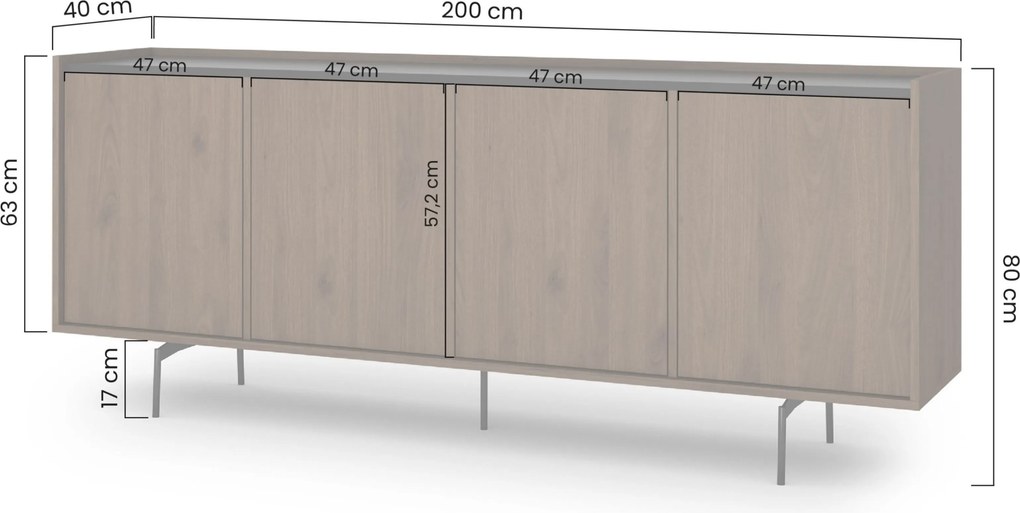 Zenar komód 200 cm 4 ajtós - elegáns dió / fekete