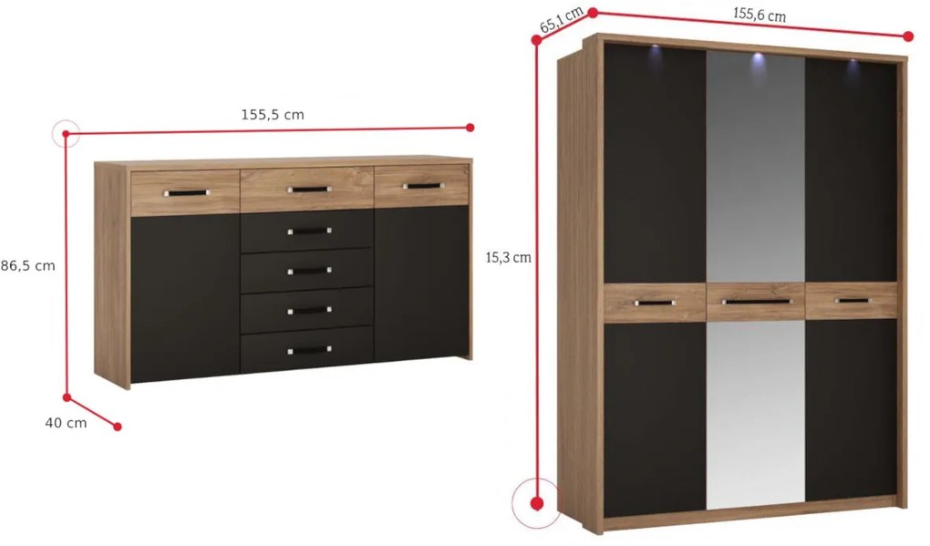 MORACO hálószoba szett, tölgy stirling/fekete matt