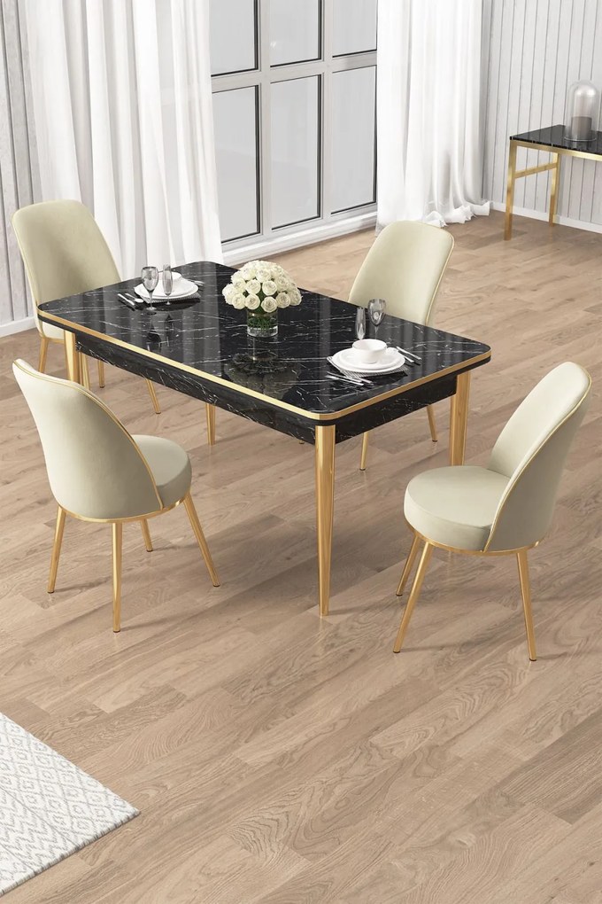 Rewa étkezőgarnitúra, fekete márvány-arany, 110 cm – TR240CHR3049